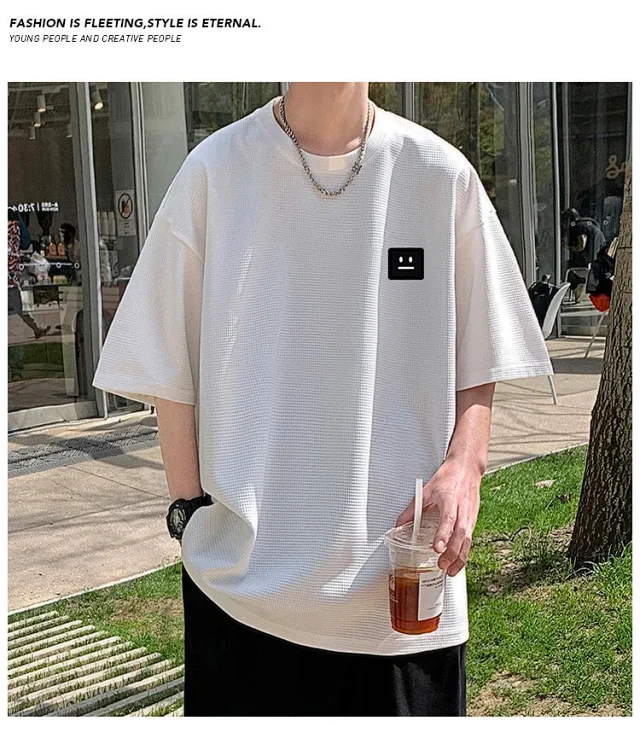 Smile Embroidered Men's Summer Waffle Tee Detail
