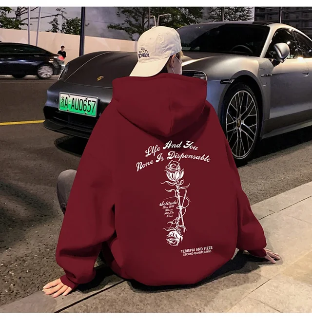 Heavyweight Cotton Rose Print Couple Hoodie Detail