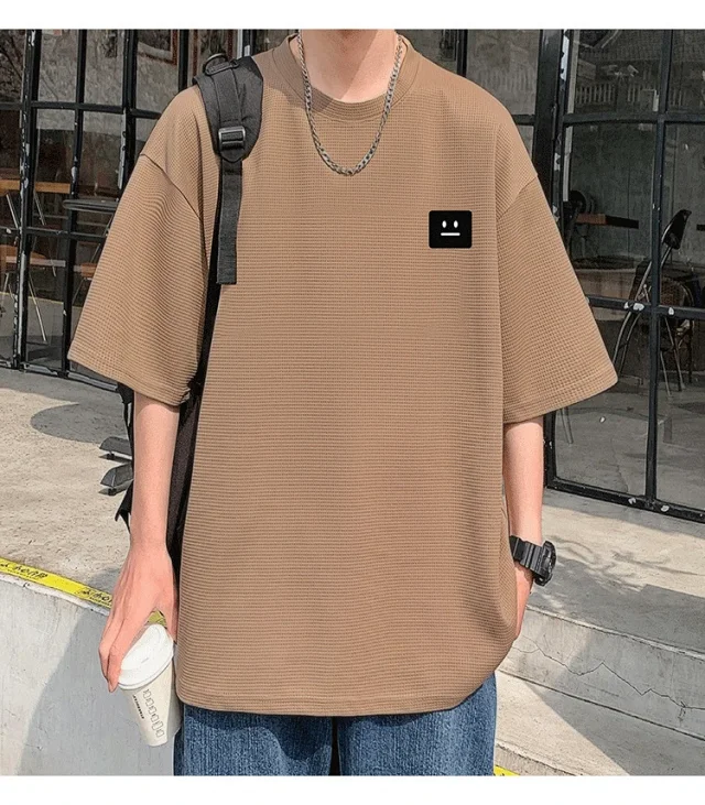 Smile Embroidered Men's Summer Waffle Tee Detail