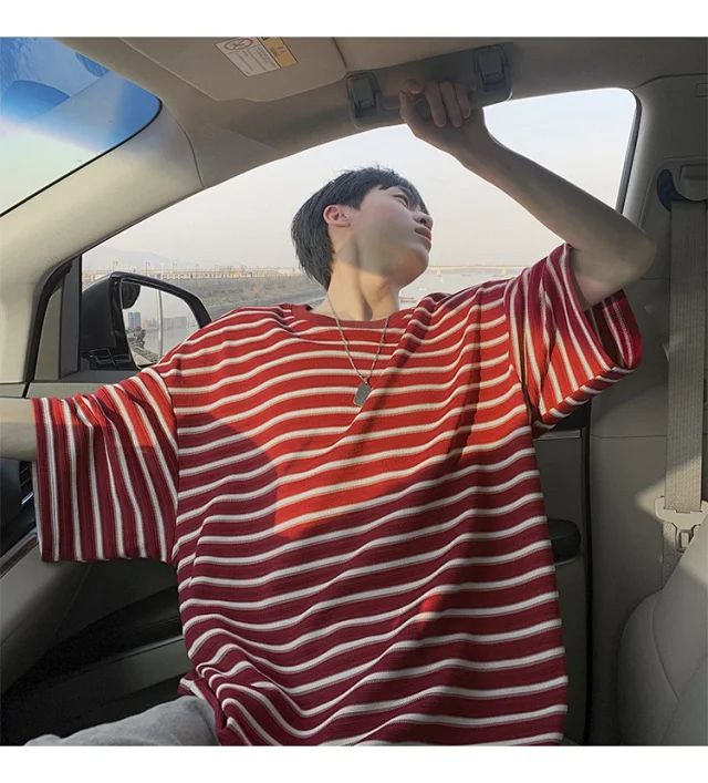 Premium Men's Black White Striped Tee Detail