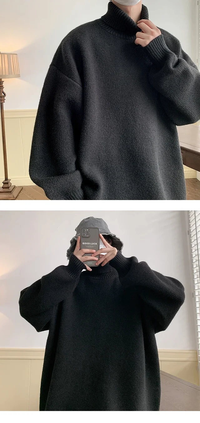 Men's Grey High-Neck Relaxed Sweater Detail