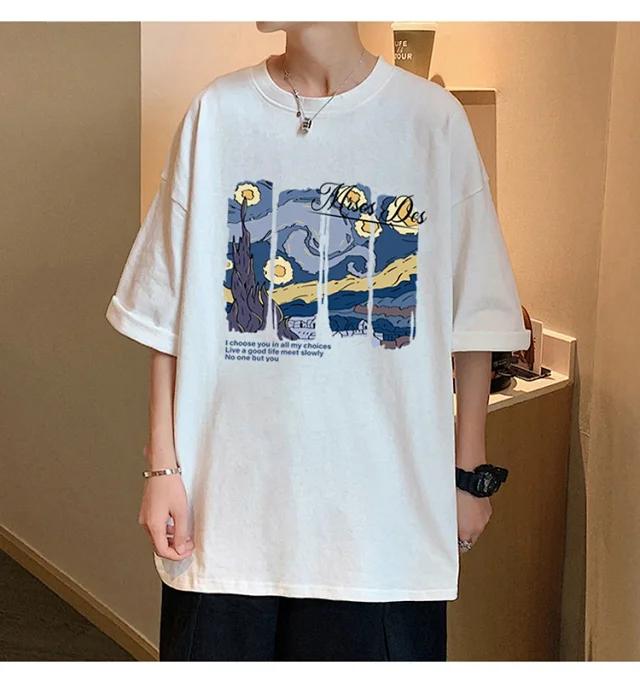 Starry Night Men's Loose Cotton T-Shirt Detail