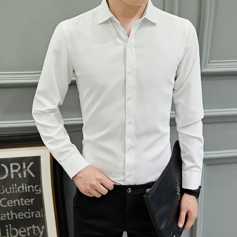 Men's Slim-Fit Long-Sleeve Korean White Shirt