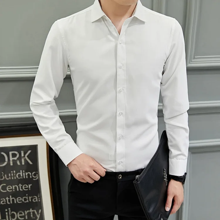 Men's Slim-Fit Long-Sleeve Korean White Shirt