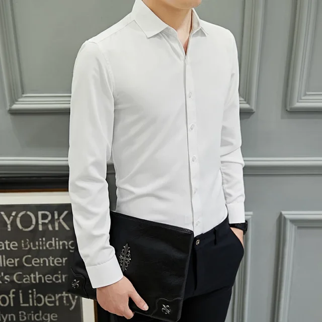Men's Slim-Fit Long-Sleeve Korean White Shirt Detail