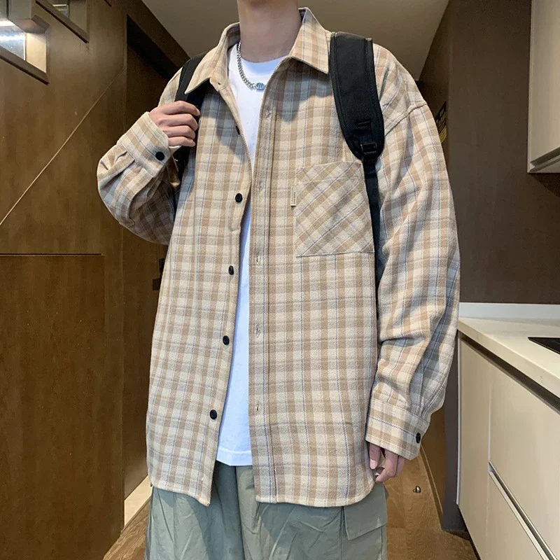 Japanese-Style Men's Cotton Oversize Plaid Shirt
