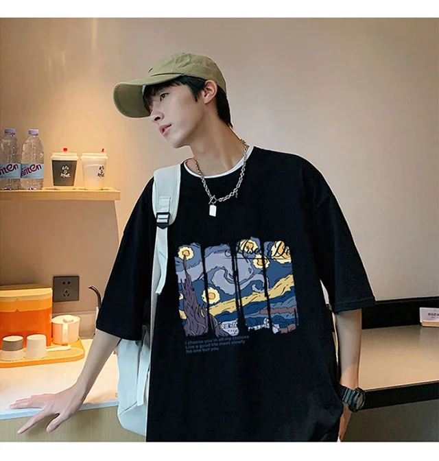 Starry Night Men's Loose Cotton T-Shirt Detail