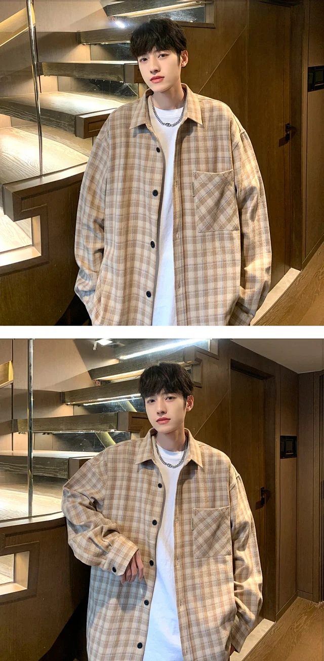 Japanese-Style Men's Cotton Oversize Plaid Shirt Detail