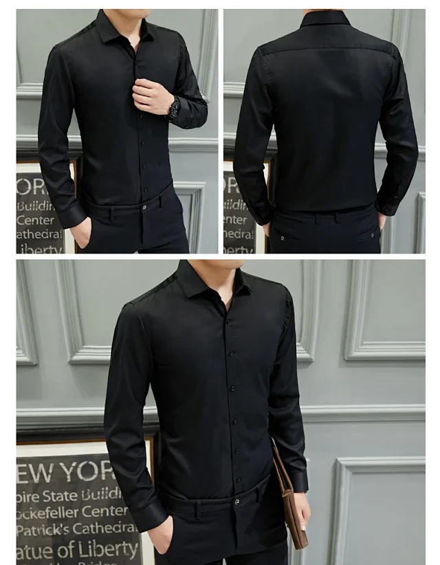 Men's Slim-Fit Long-Sleeve Korean White Shirt Detail