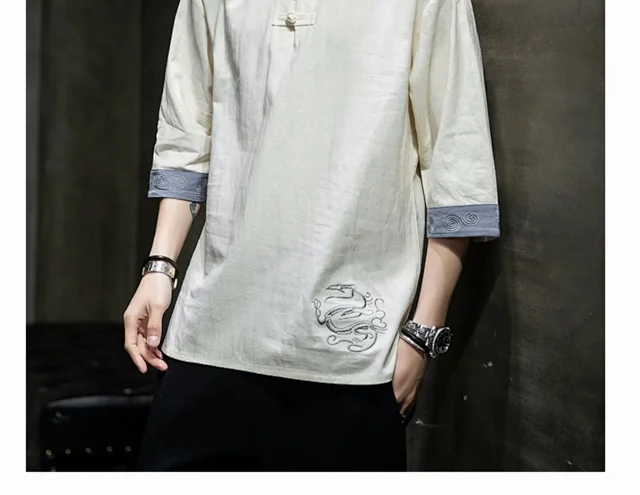 New Chinese Men's Linen 3/4 Tee Detail