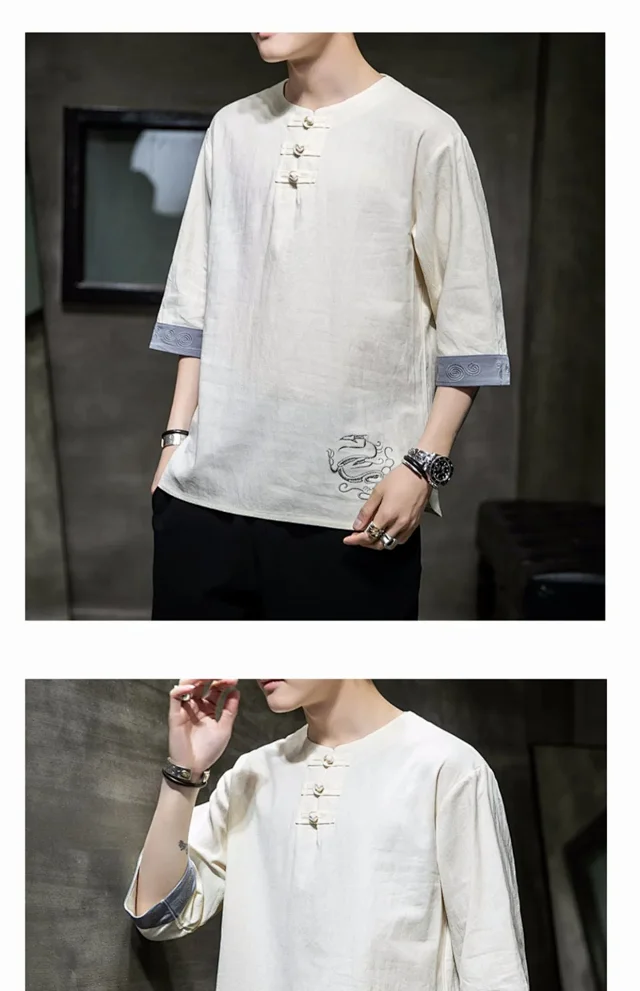 New Chinese Men's Linen 3/4 Tee Detail