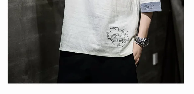 New Chinese Men's Linen 3/4 Tee Detail