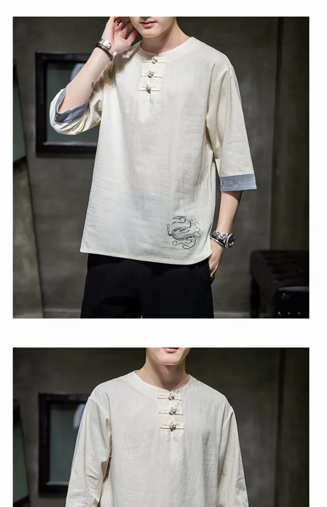 New Chinese Men's Linen 3/4 Tee Detail
