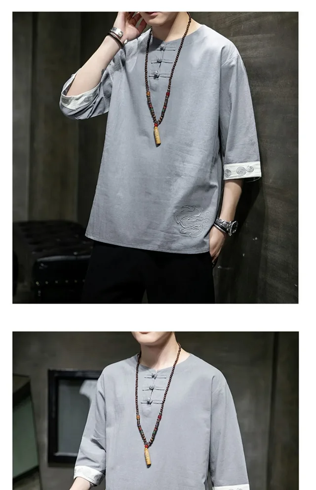 New Chinese Men's Linen 3/4 Tee Detail