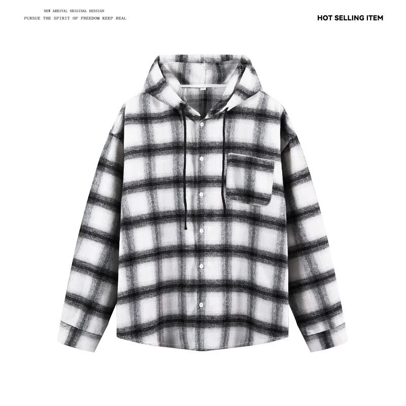 Men's Cyber Plaid Hooded Shirt Loose Unisex
