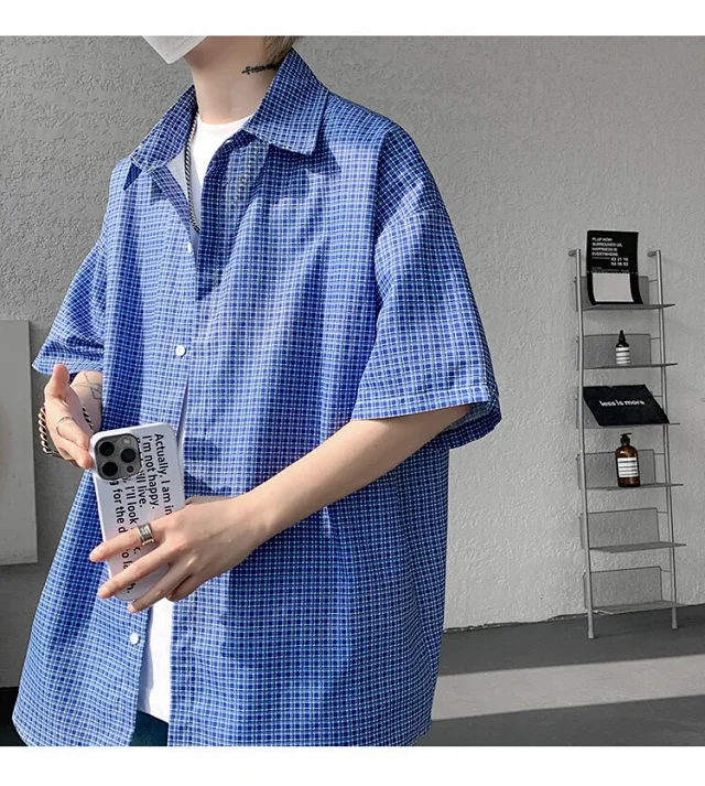 M-8XL Blue Plaid Short-Sleeve Shirt for Men Detail