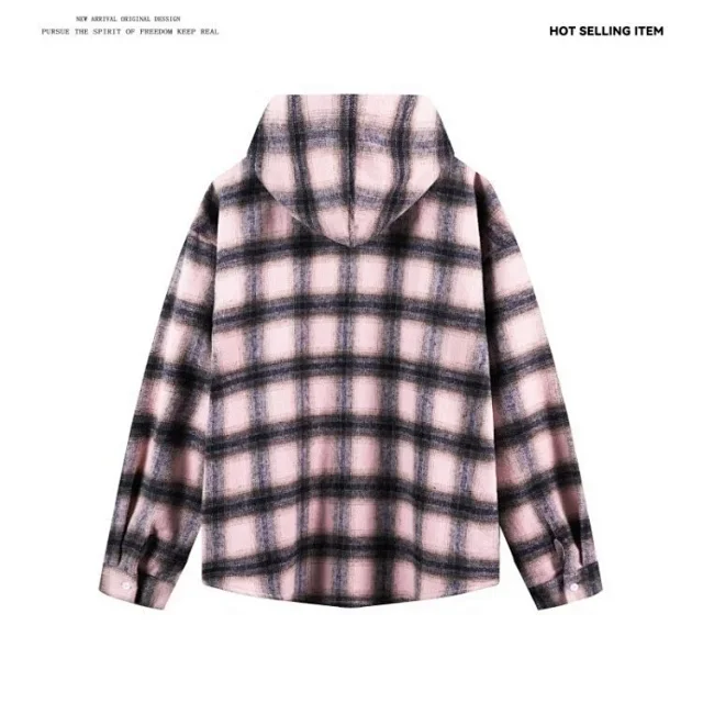 Men's Cyber Plaid Hooded Shirt Loose Unisex Detail