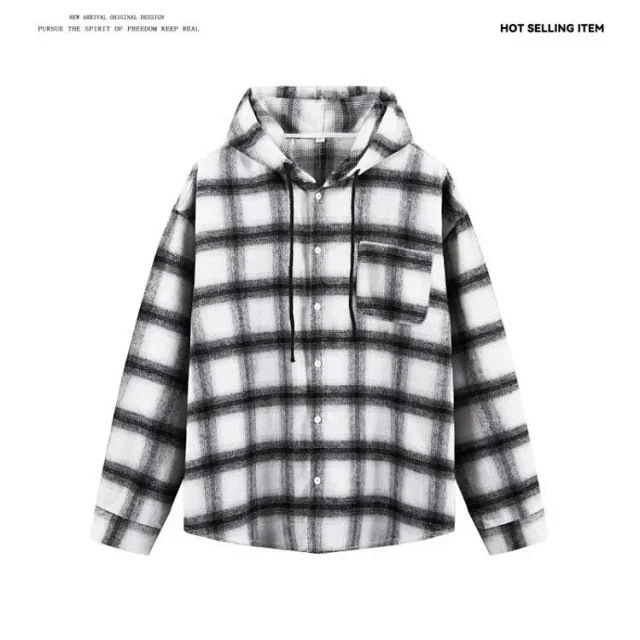 Men's Cyber Plaid Hooded Shirt Loose Unisex Detail