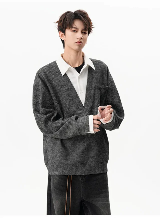 Men's Relaxed Shirt Collar Layered Sweater Detail