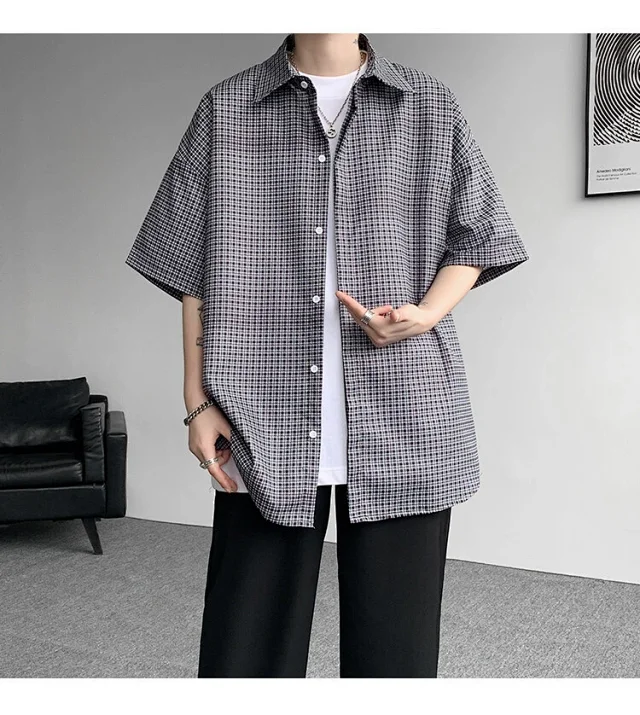M-8XL Blue Plaid Short-Sleeve Shirt for Men Detail