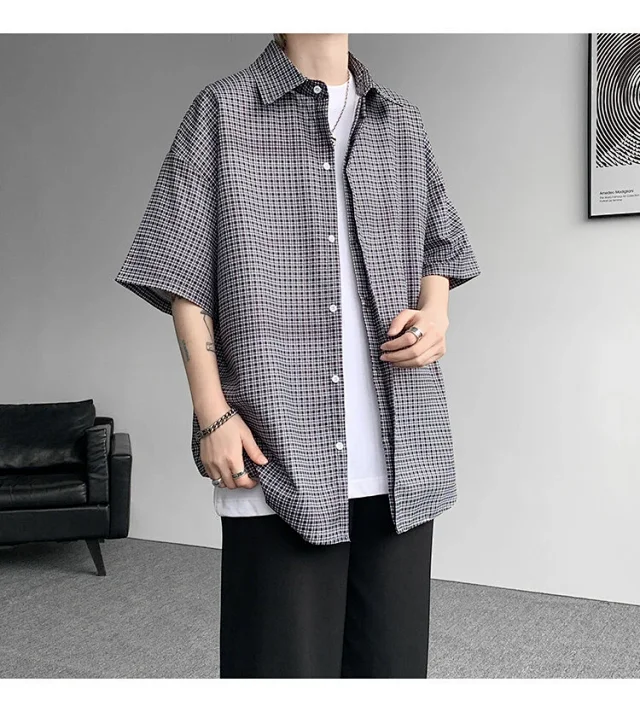 M-8XL Blue Plaid Short-Sleeve Shirt for Men Detail