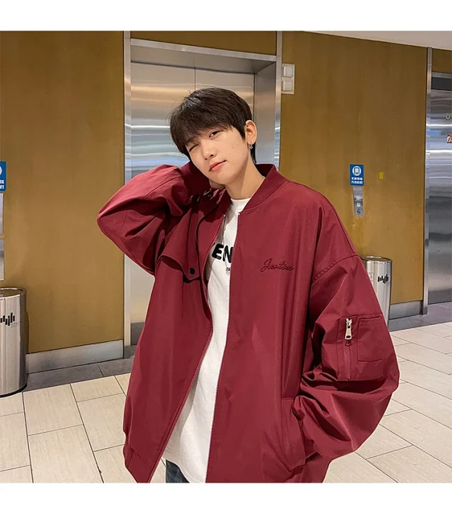 Men's Burgundy Hip-Hop Embroidered Bomber Jacket Detail
