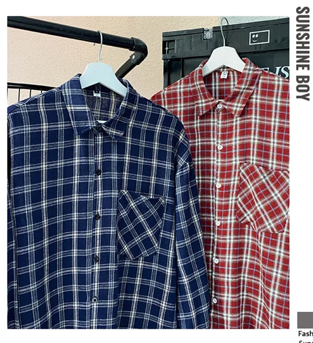 Men's Red Japanese Brushed Plaid Overshirt Detail