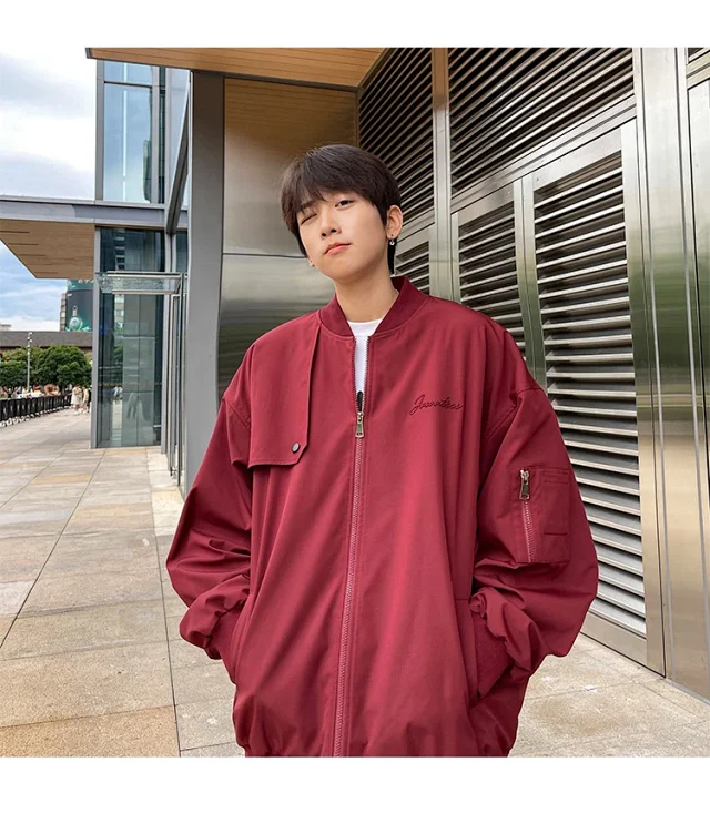 Men's Burgundy Hip-Hop Embroidered Bomber Jacket Detail