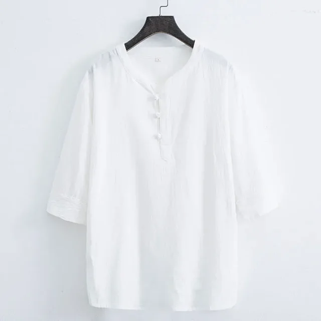 Feng Cotton-Linen Vintage Men's Chinese T-Shirt Detail