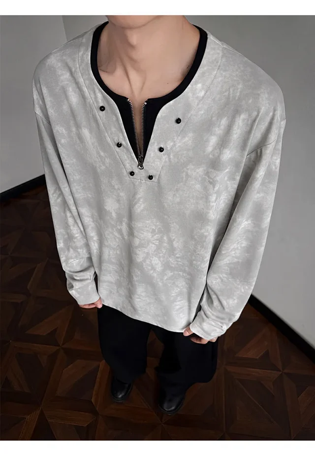 Men's Half-Zip V-Neck Tie-Dye Long-Sleeve T-Shirt Detail