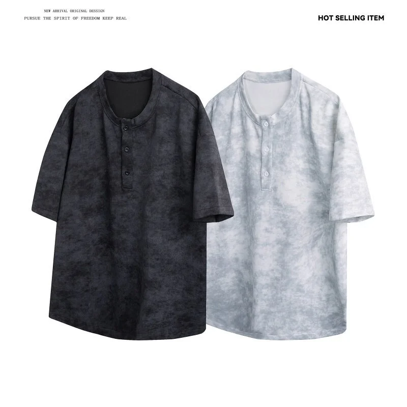 White Tie-Dye Matte Distressed Henley T-Shirt