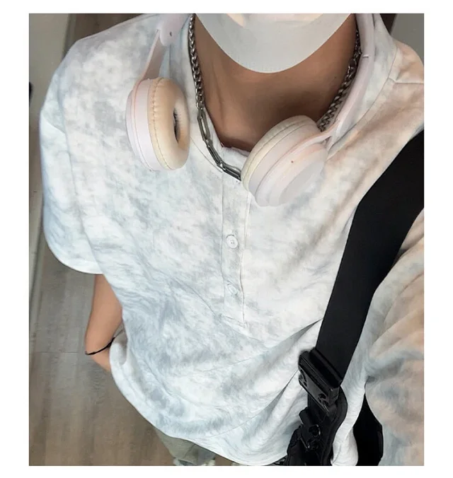 Distressed White Tie-Dye Matte Henley Tee Detail