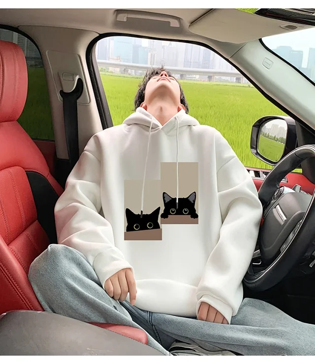 Men's Oversize Cotton Hoodie Cat Print Detail