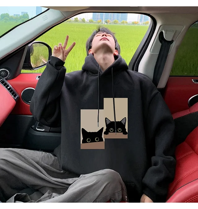 Men's Oversize Cotton Hoodie Cat Print Detail