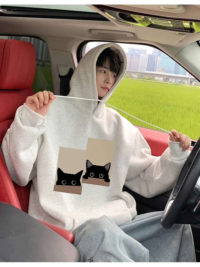 Men's Oversize Cotton Hoodie Cat Print Detail