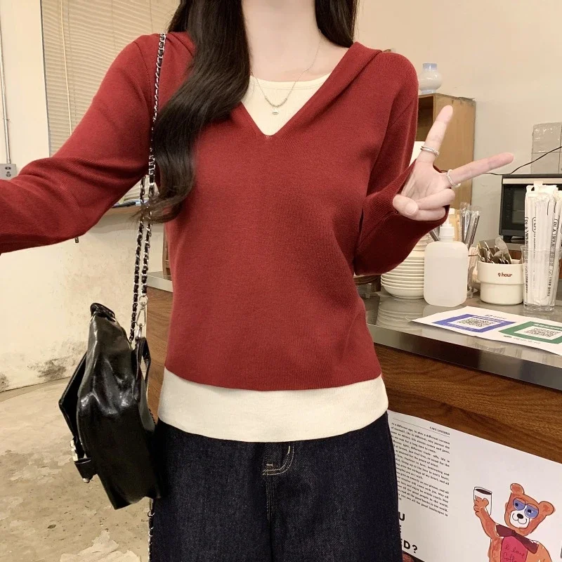 2025 Fall Women's Hooded Patchwork Sweater