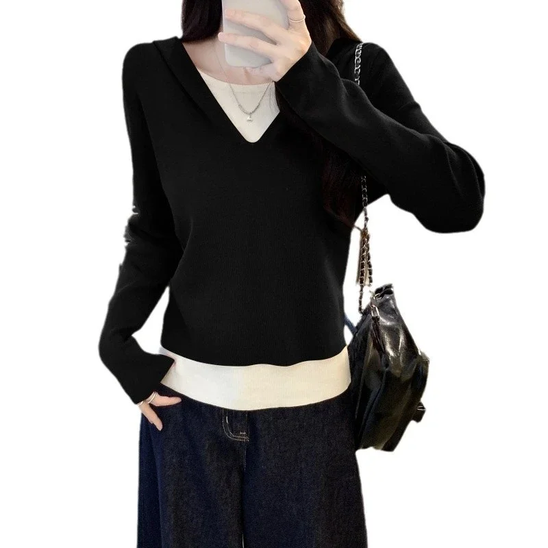 2025 Fall Women's Hooded Patchwork Sweater