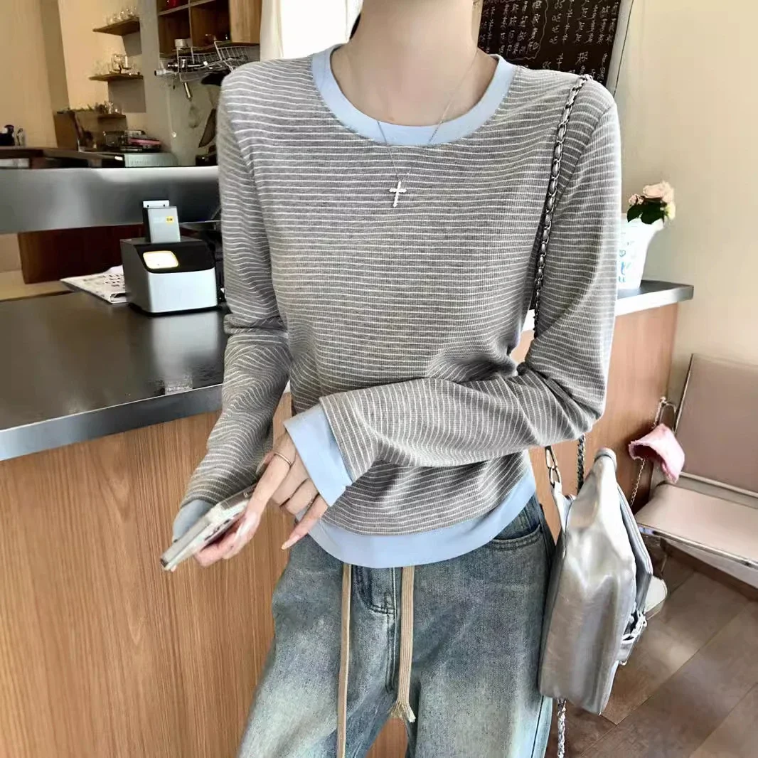 Women's Long Sleeve Striped Mock T-Shirt