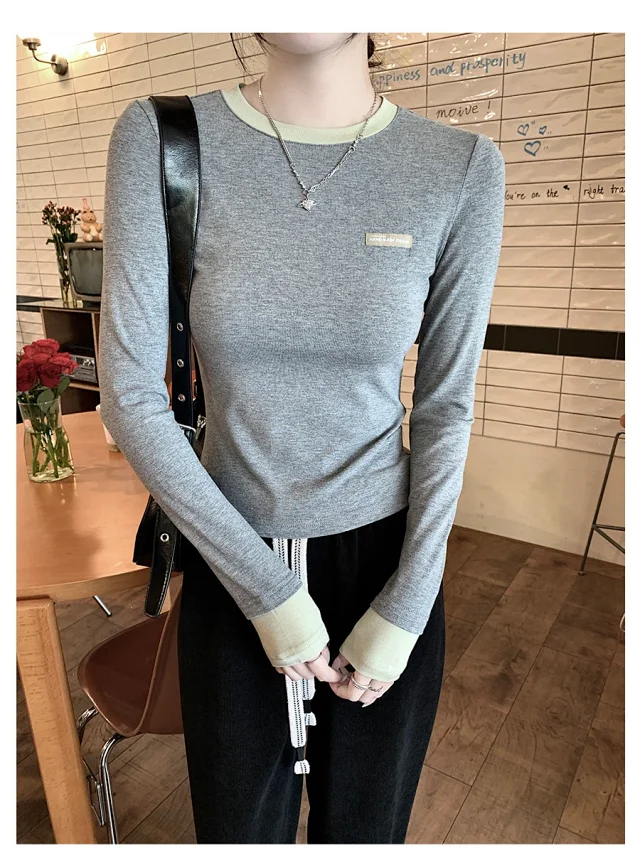 Women's Color-Block Mock Two-Piece Long-Sleeve Tee Detail
