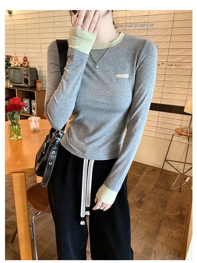 Women's Color-Block Mock Two-Piece Long-Sleeve Tee Detail