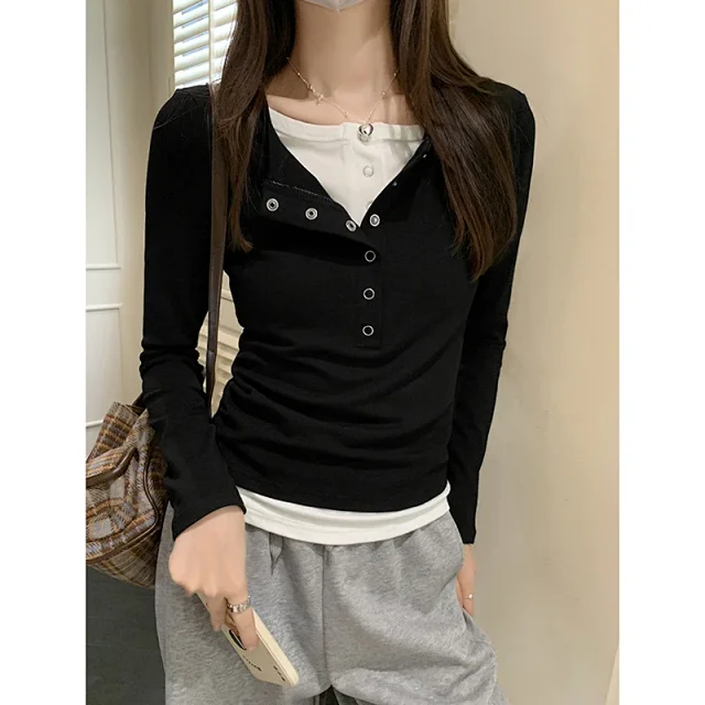 Women's Mock Two-Piece Color-Block Long-Sleeve Tee Detail