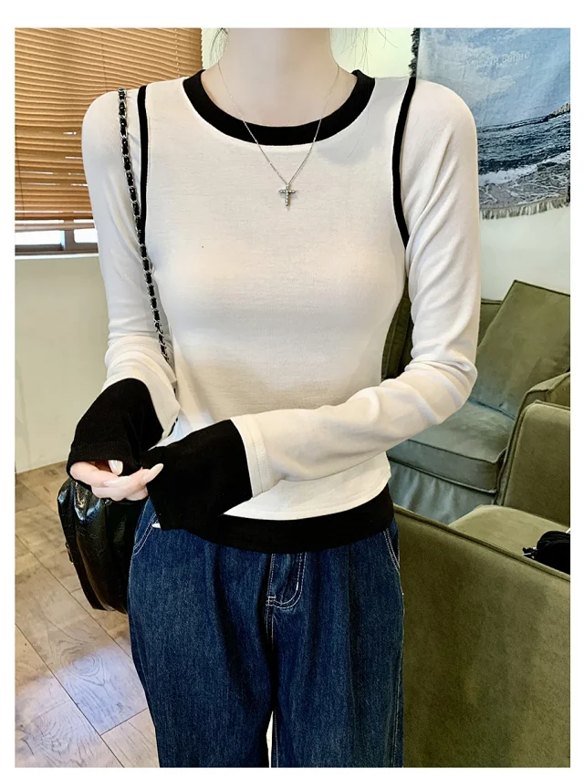 Women's Long Sleeve Mock Two-Piece T-Shirt Detail