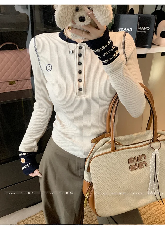 Women's Dopamine Color-Block Embroidered Knit Top Detail