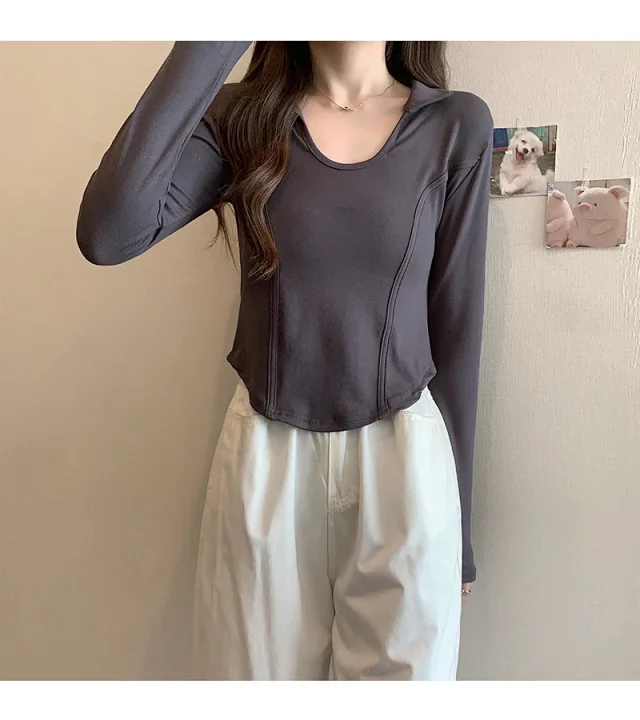 Women's Long Sleeve Cropped Polo Shirt Detail