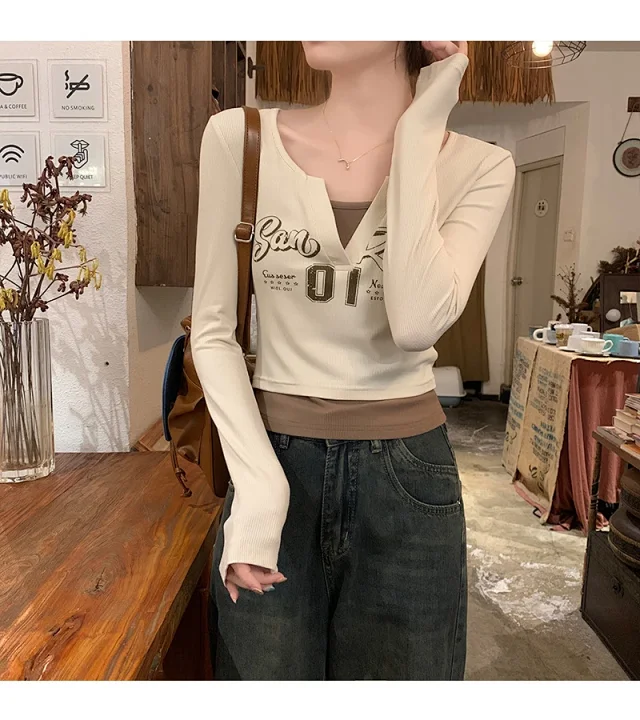 Women's Long-Sleeve Layered Retro Tee Detail