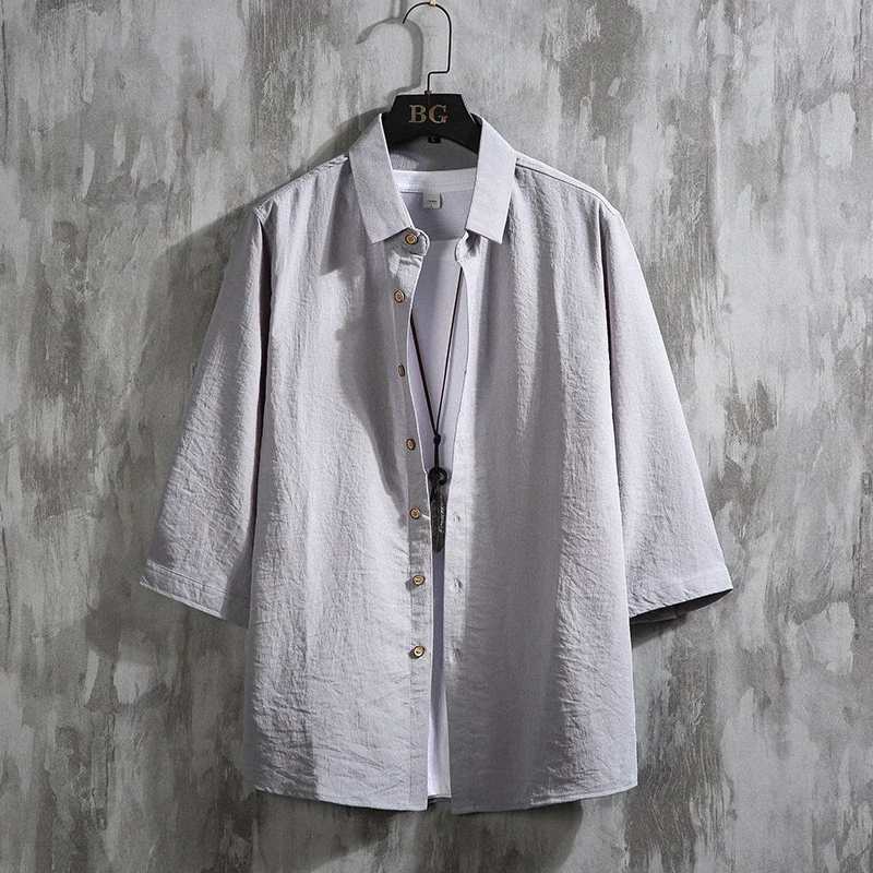 Men's Oversized Cotton Linen 3/4 Sleeve Shirt
