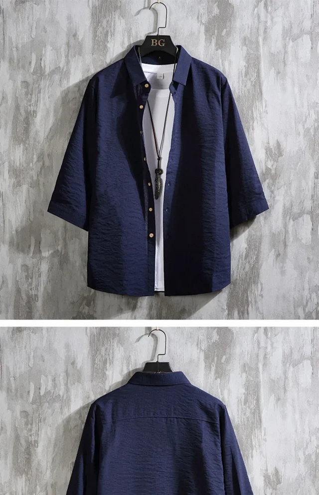 Men's Oversized Cotton Linen 3/4 Sleeve Shirt Detail
