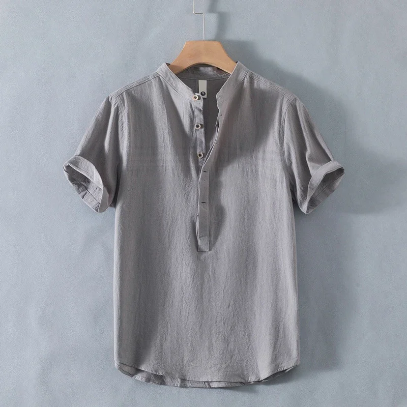 Men's Summer Cotton-Linen Retro Stand-Collar T-Shirt