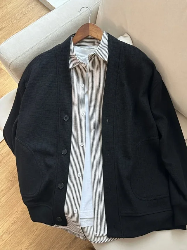 Spring 2025 Japanese Casual Waffle Cardigan Detail