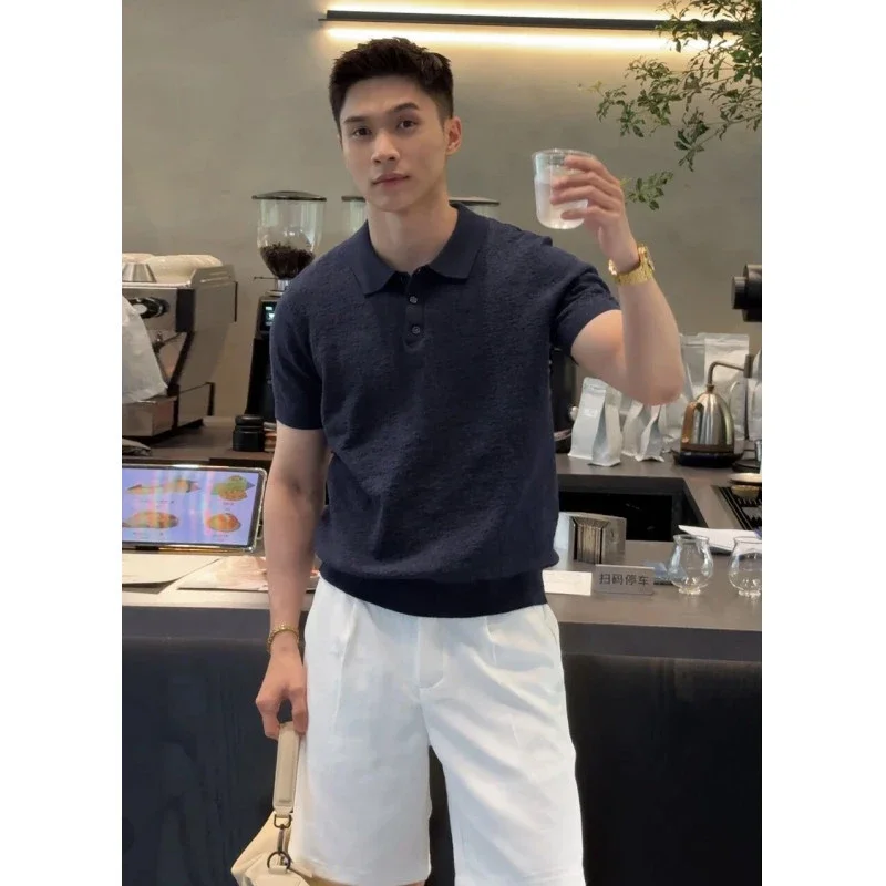 Men's Textured Knit Polo Summer Brown